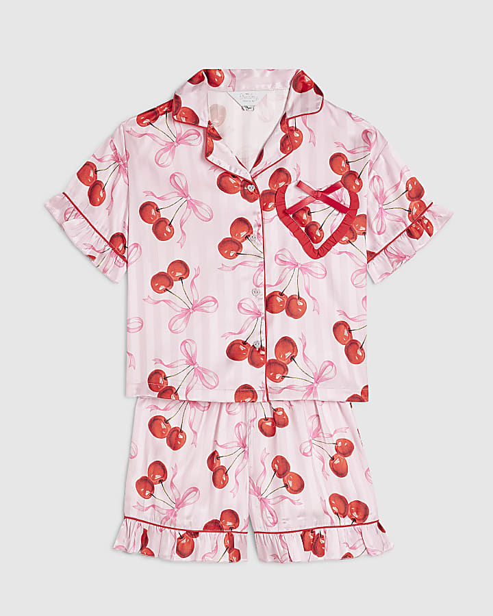 Girls Pink Cherry Print Satin Pyjamas Set