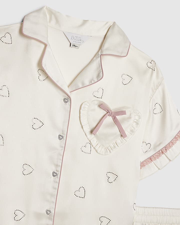 Girls White Heart Diamante Satin Pyjamas