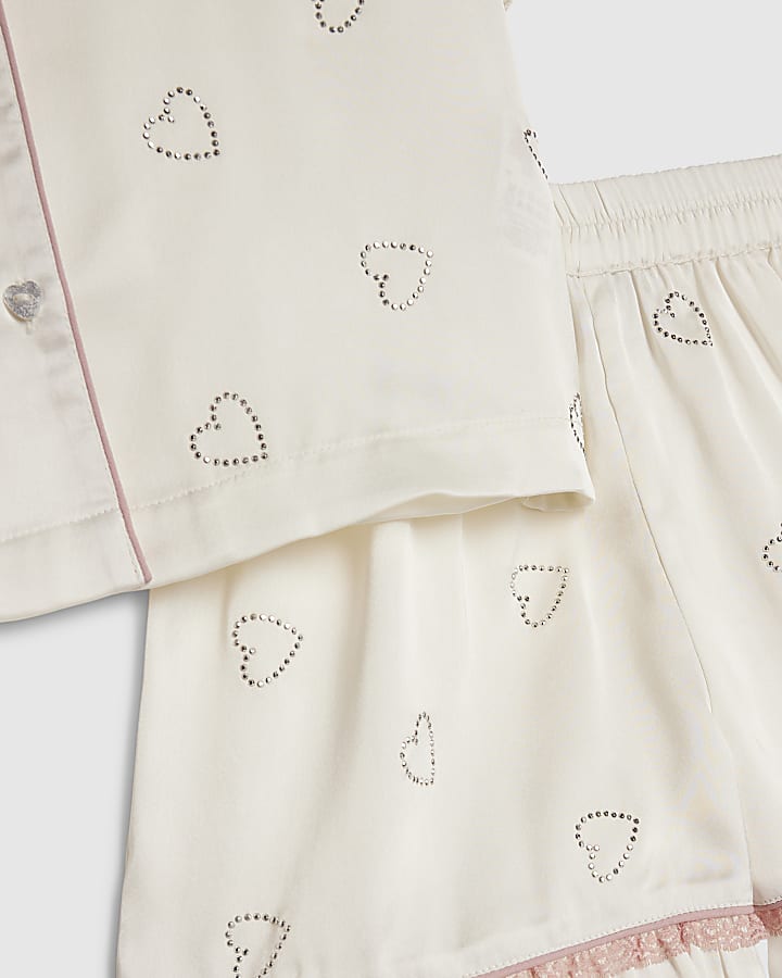 Girls White Heart Diamante Satin Pyjamas