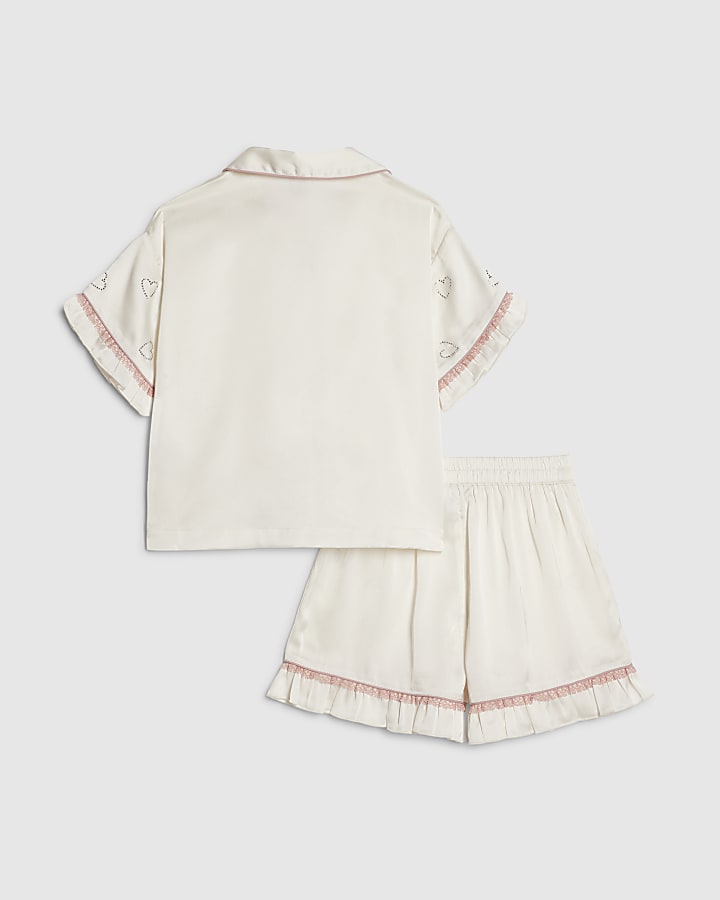 Girls White Heart Diamante Satin Pyjamas