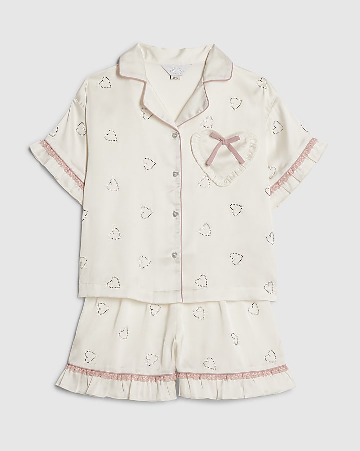 Girls White Heart Diamante Satin Pyjamas