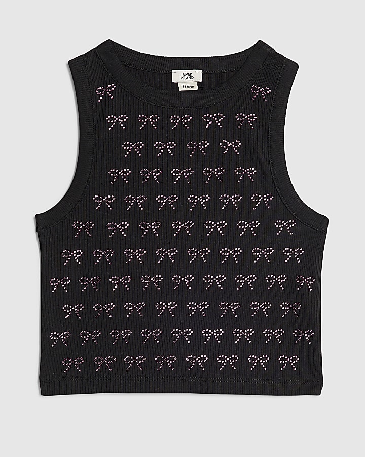 Girls Black Bow Diamante Tank Top