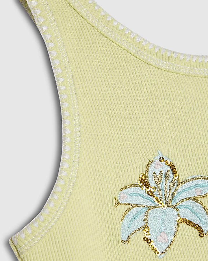Girls Green Embellished Flower Tank Top