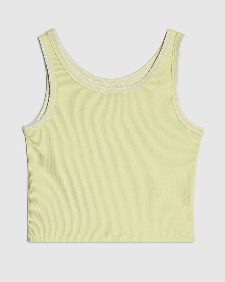 Girls Green Embellished Flower Tank Top