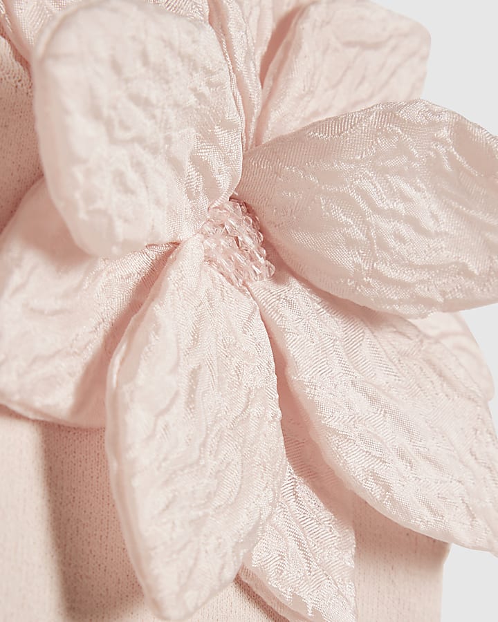 Girls Pink Flower Trim Knitted Top