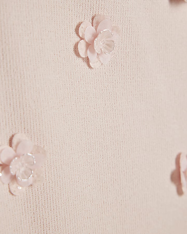 Girls Pink Flower Trim Knitted Top