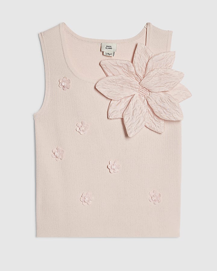 Girls Pink Flower Trim Knitted Top