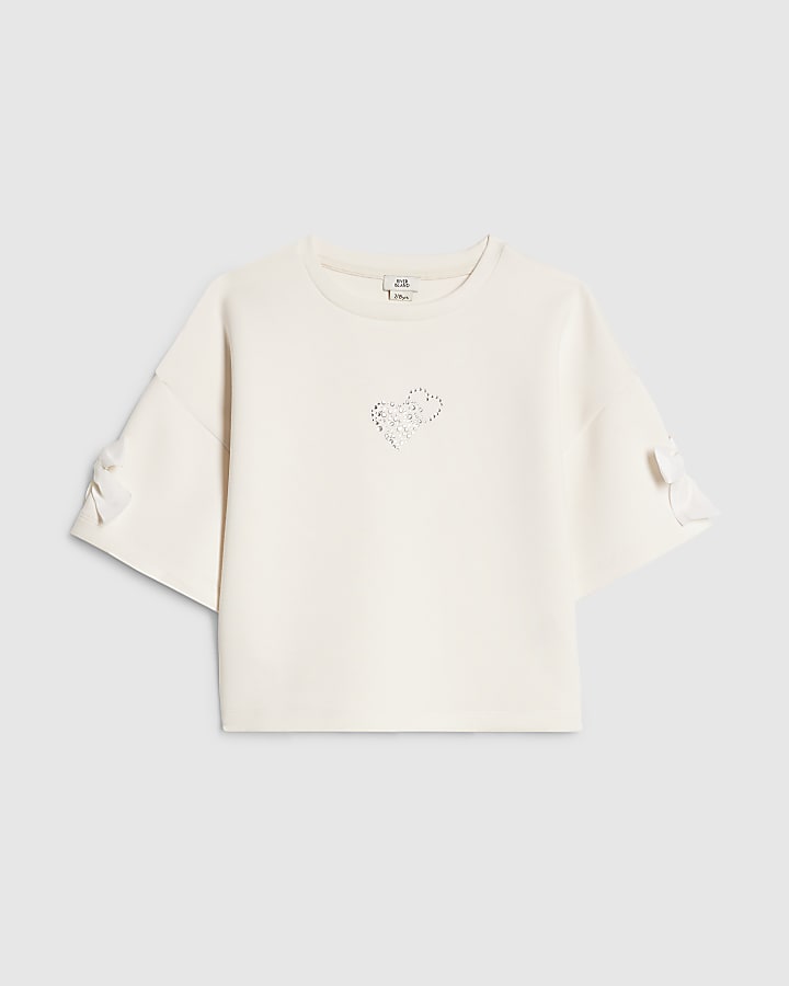 Girls Cream Premium Embellished Bow Crop Top