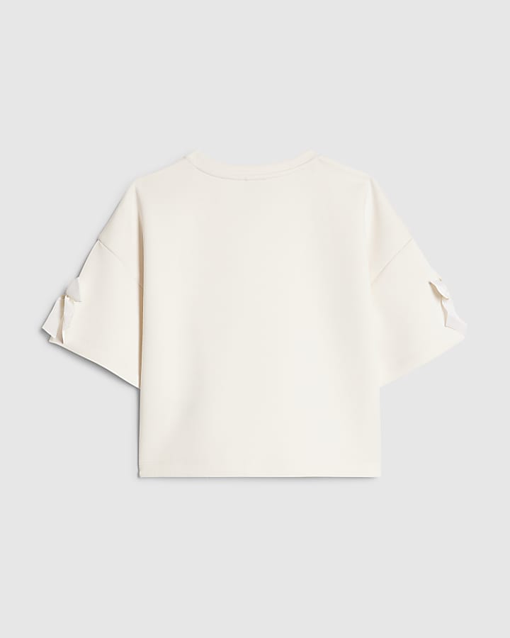 Girls Cream Premium Embellished Bow Crop Top