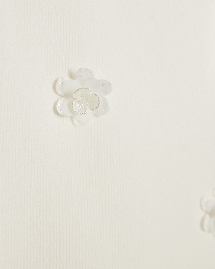 Girls White Flower Trim Knitted Top