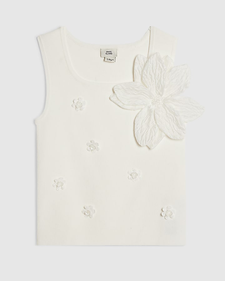 Girls White Flower Trim Knitted Top