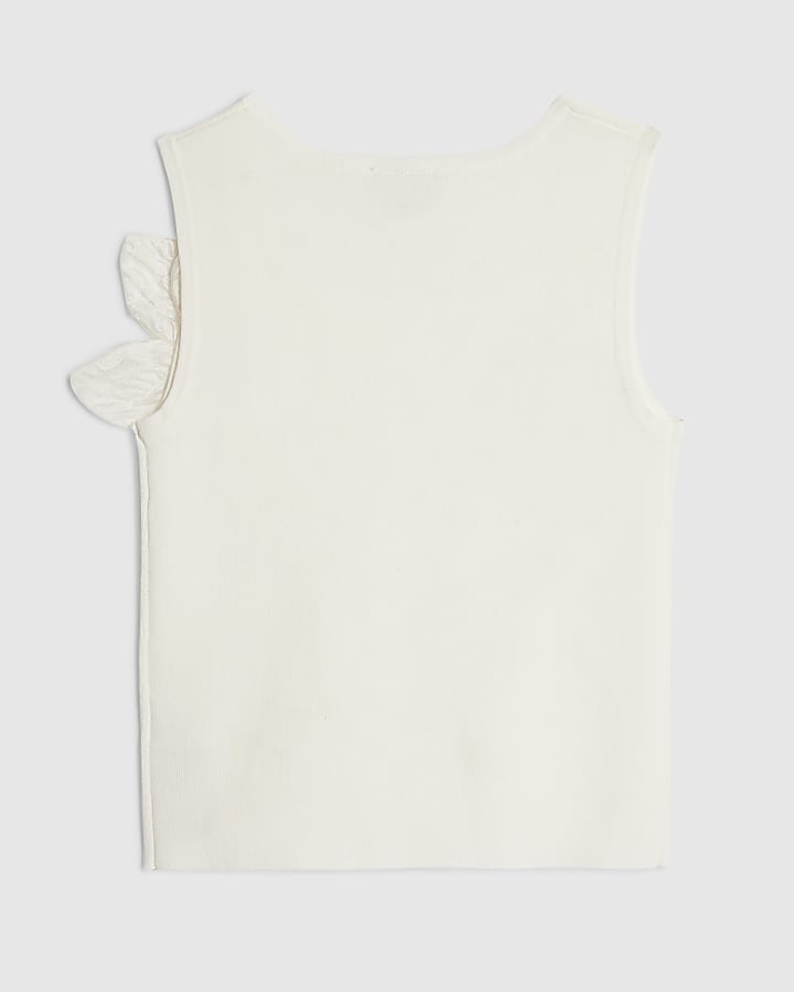 Girls White Flower Trim Knitted Top