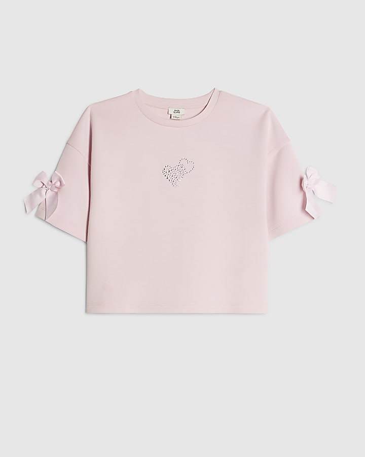Girls Pink Premium Embellished Bow Crop Top