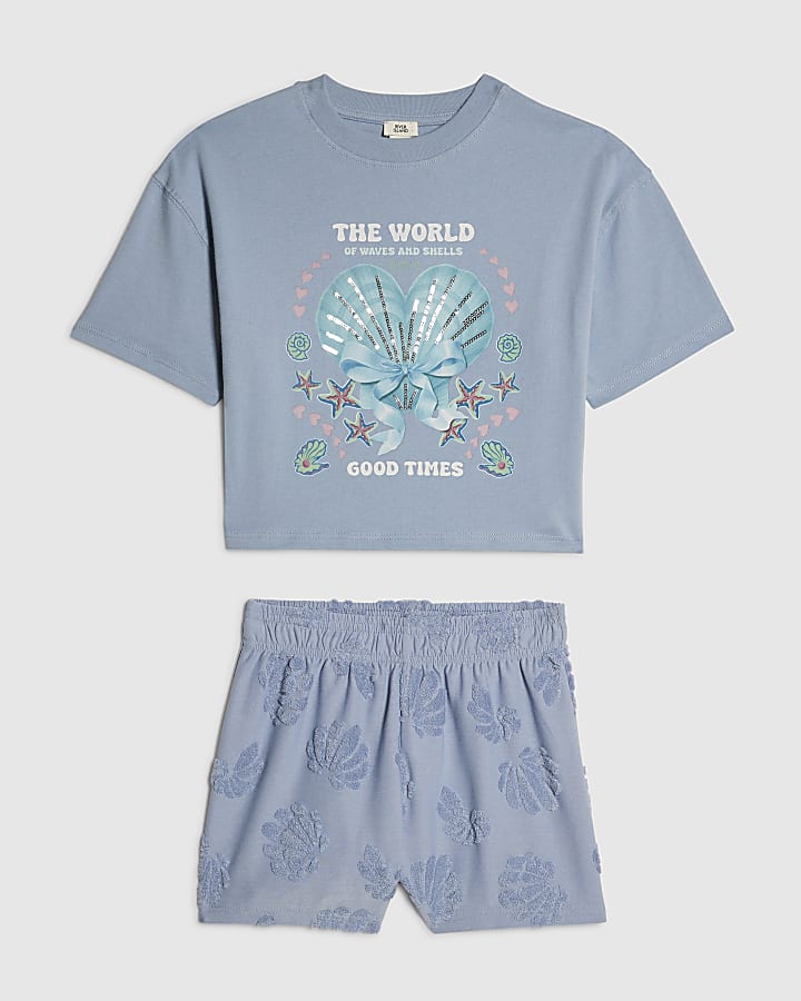 Girls Blue Shell Print Towelling Set