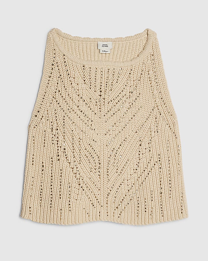 Girls Beige Embellished Crochet Top