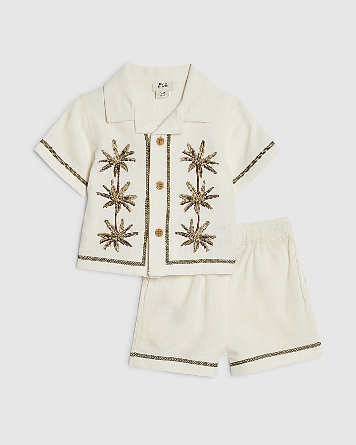 Baby Boys Cream Embroidered Palm Shirt Set