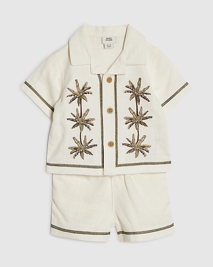 Baby Boys Cream Embroidered Palm Shirt Set
