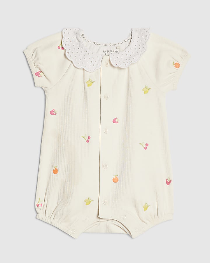 Baby Girls Beige Collared Fruit Romper