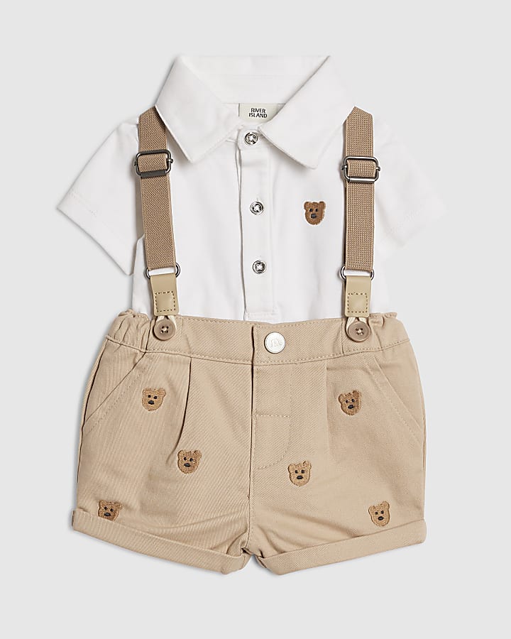 Baby Boys Beige Bear Polo Shorts Set