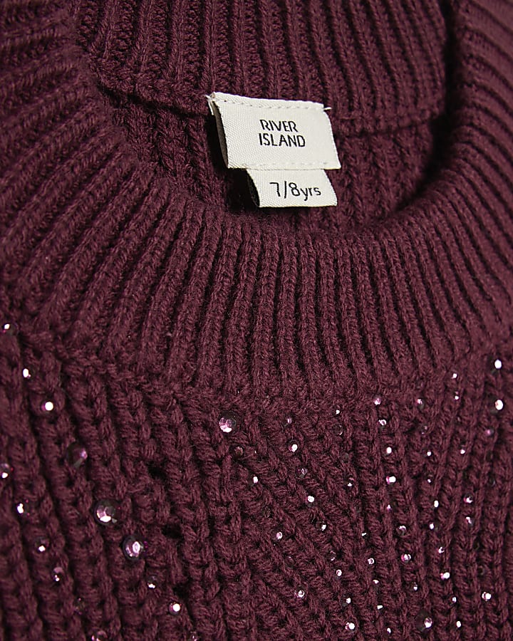 Girls Purple Embellished Knitted Dress