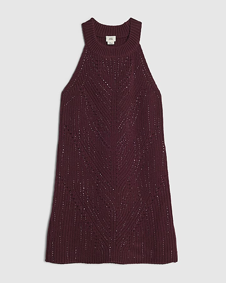 Girls Purple Embellished Knitted Dress