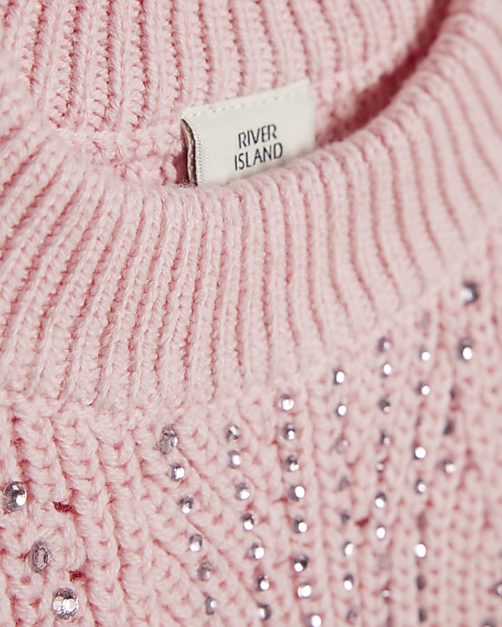 Girls Pink Knitted Diamante Dress