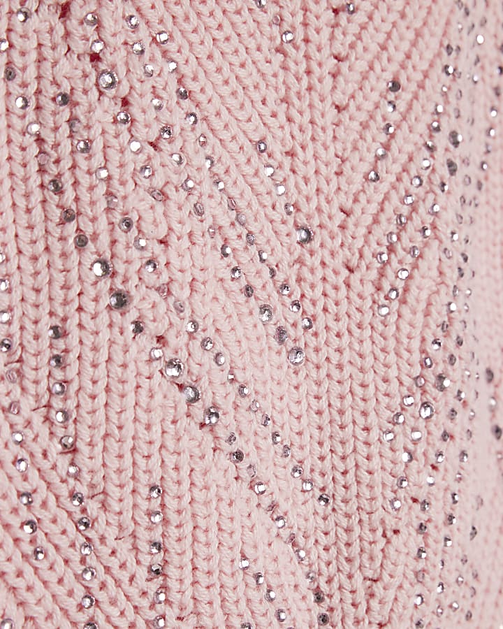 Girls Pink Knitted Diamante Dress