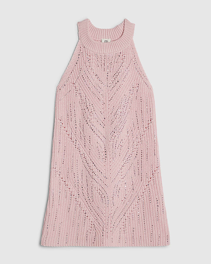 Girls Pink Knitted Diamante Dress