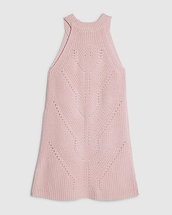 Girls Pink Knitted Diamante Dress