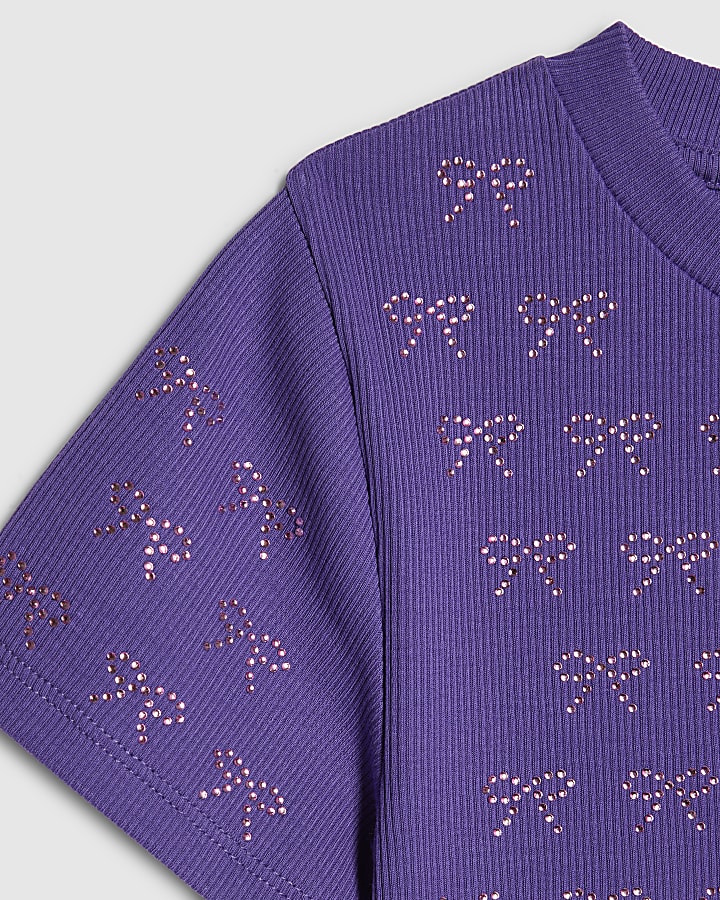 Girls Purple Bow Diamante T-Shirt