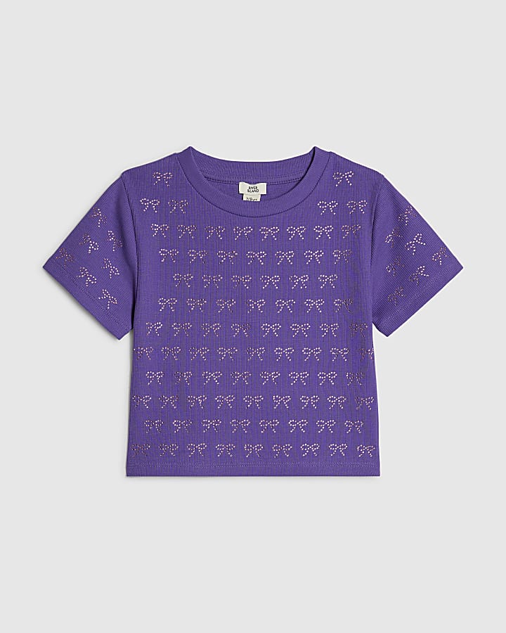 Girls Purple Bow Diamante T-Shirt