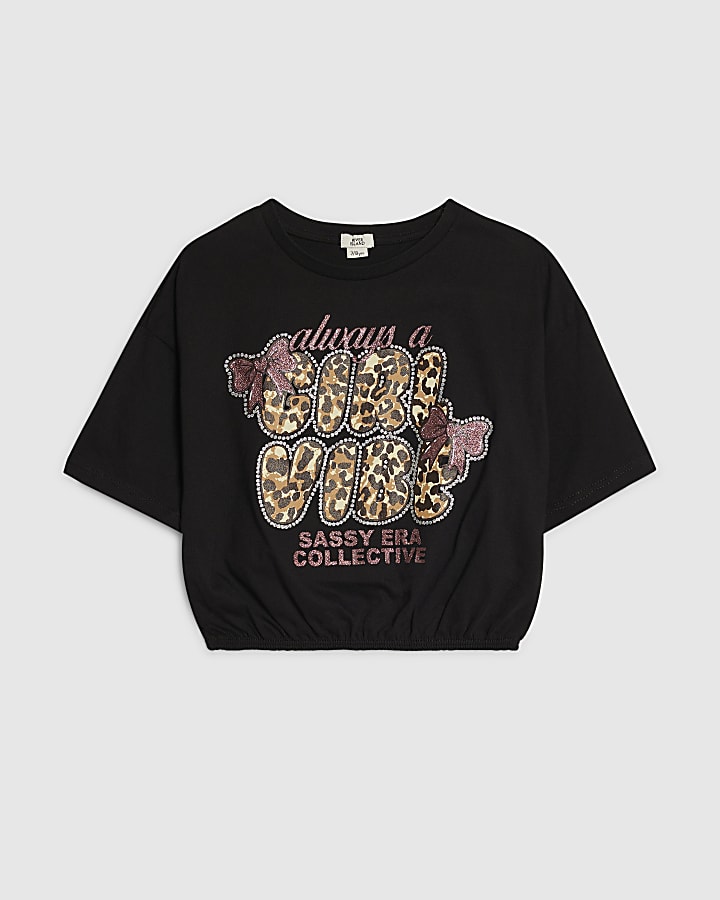 Girls Black Cool Vibes Print T-shirt