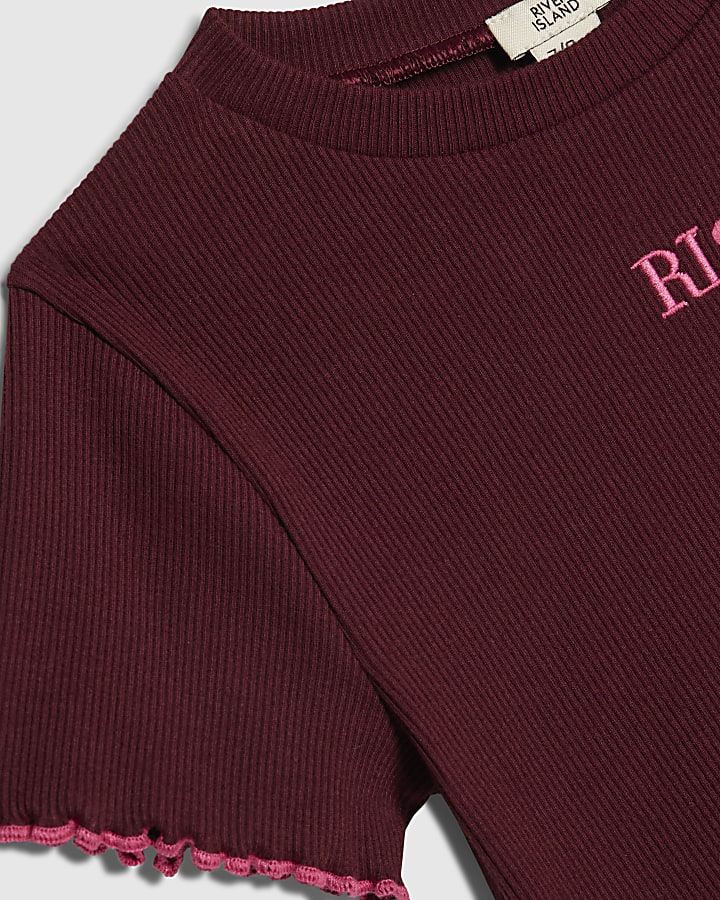 Girls Red Lettuce Hem Crop T-Shirt