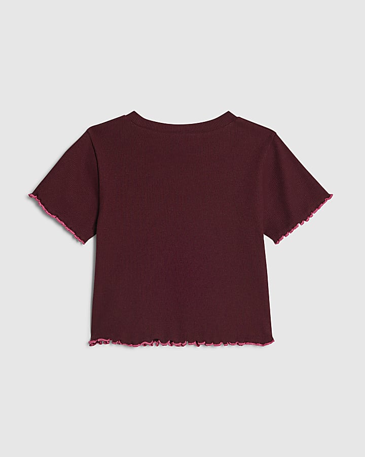 Girls Red Lettuce Hem Crop T-Shirt