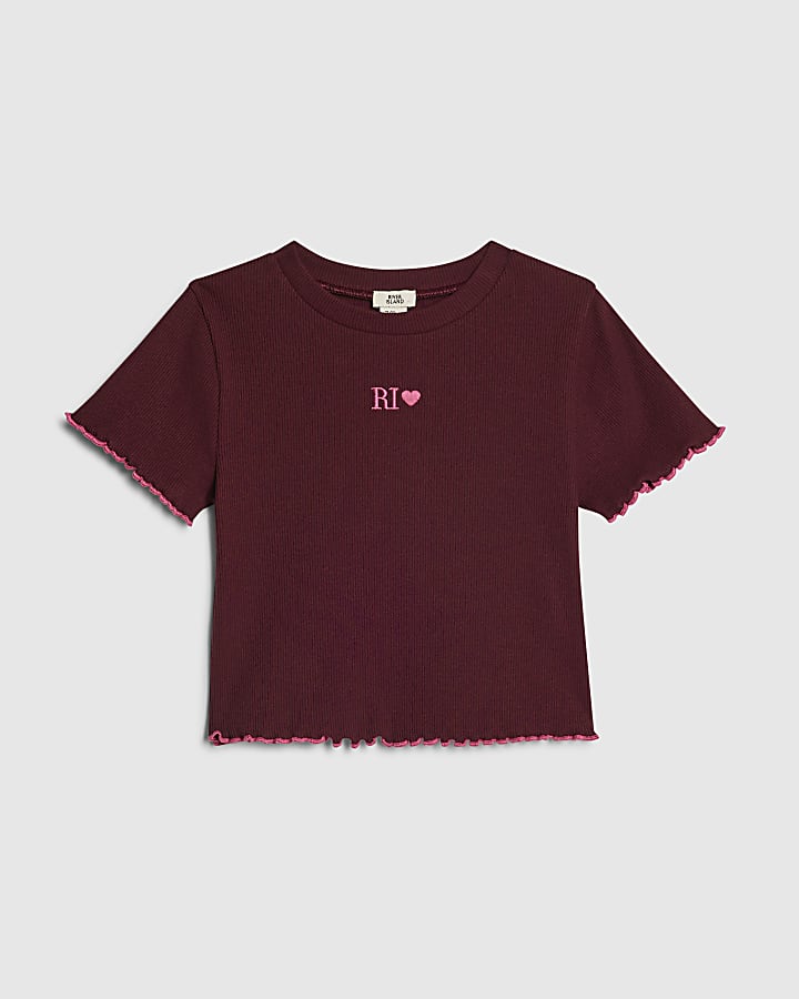 Girls Red Lettuce Hem Crop T-Shirt