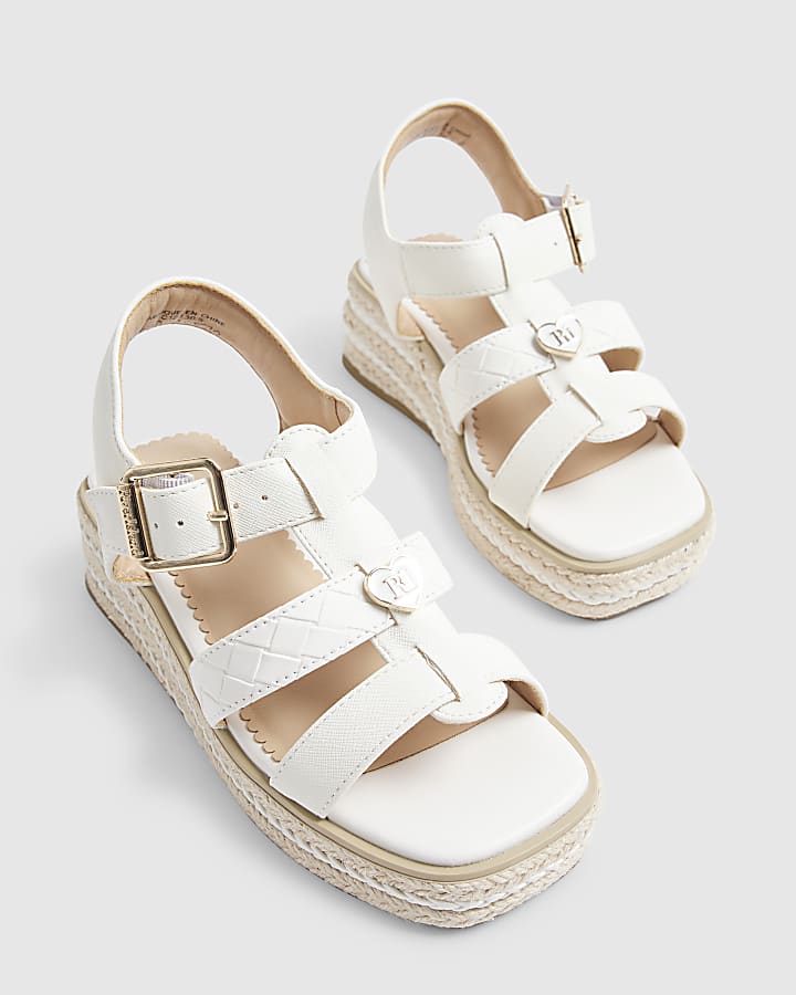 Girls White T Bar RI Heart Wedges