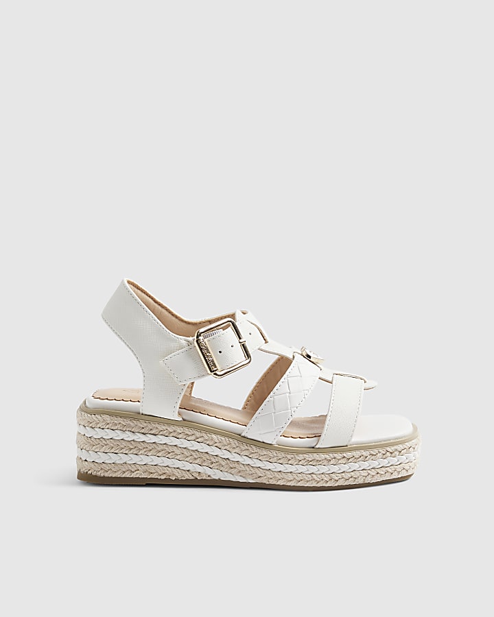 Girls White T Bar RI Heart Wedges