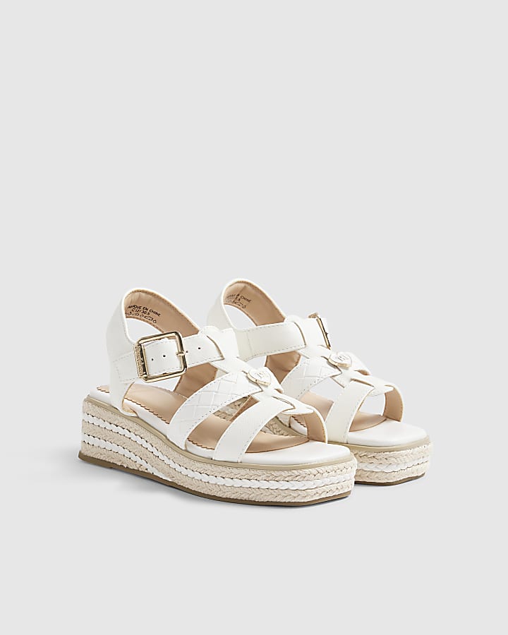 Girls White T Bar RI Heart Wedges