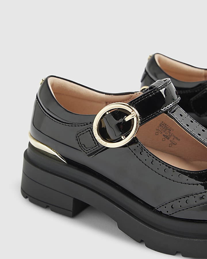 Girls Black Chunky T-Bar Brogue Shoes