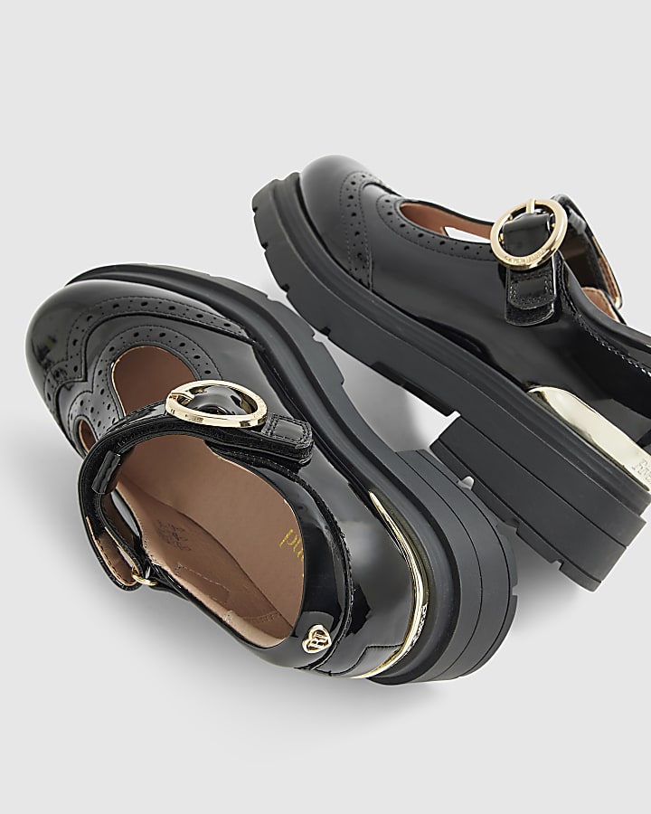 Girls Black Chunky T-Bar Brogue Shoes