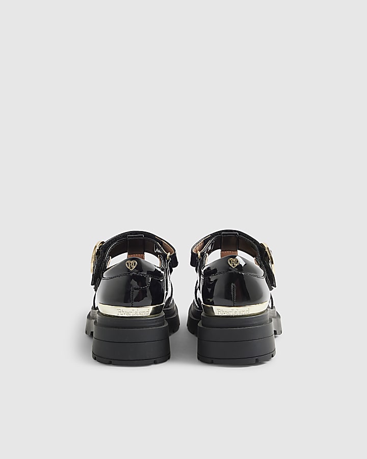 Girls Black Chunky T-Bar Brogue Shoes