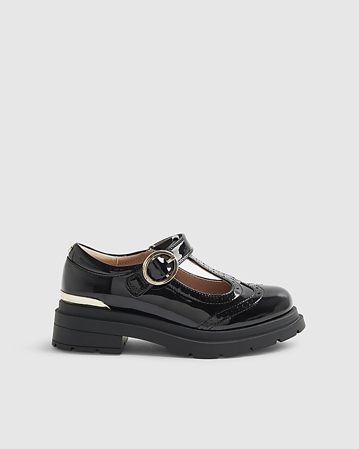 Girls Black Chunky T-Bar Brogue Shoes
