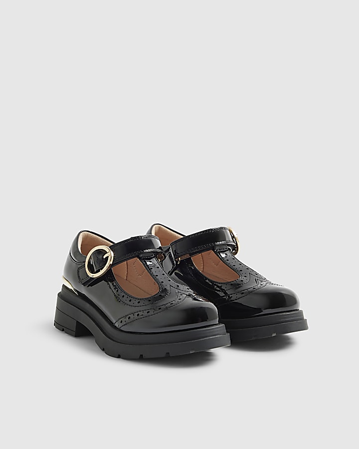 Girls Black Chunky T-Bar Brogue Shoes