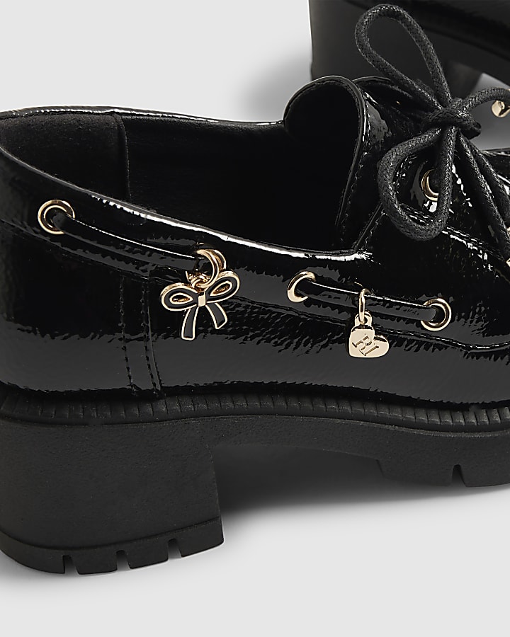 Girls Black Patent Lace Up Heeled Boat Shoes