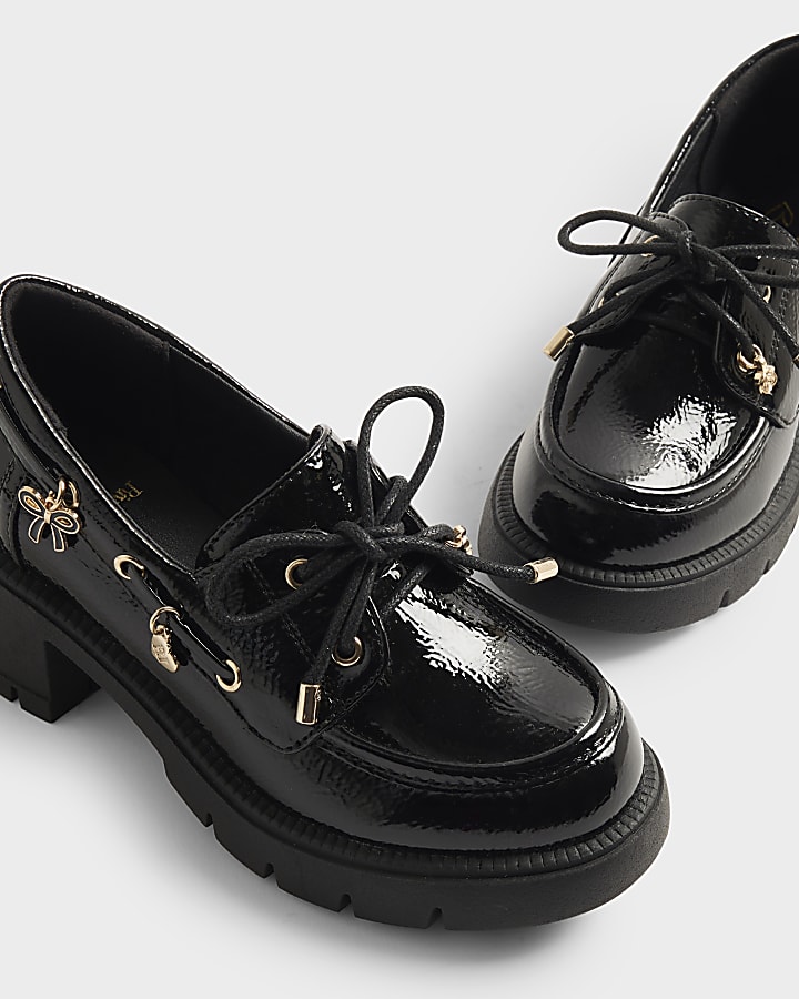 Girls Black Patent Lace Up Heeled Boat Shoes