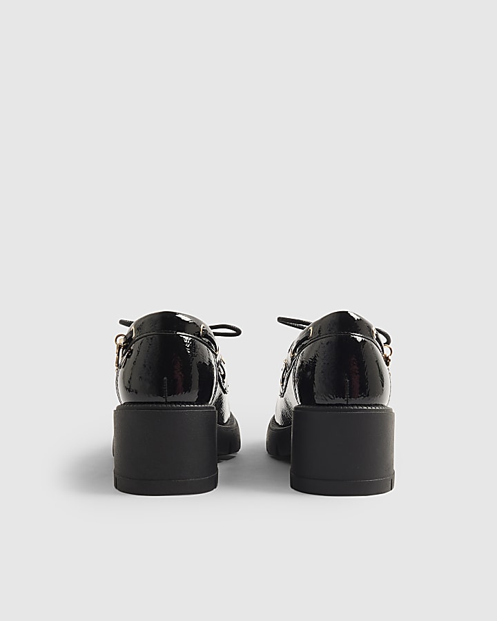 Girls Black Patent Lace Up Heeled Boat Shoes