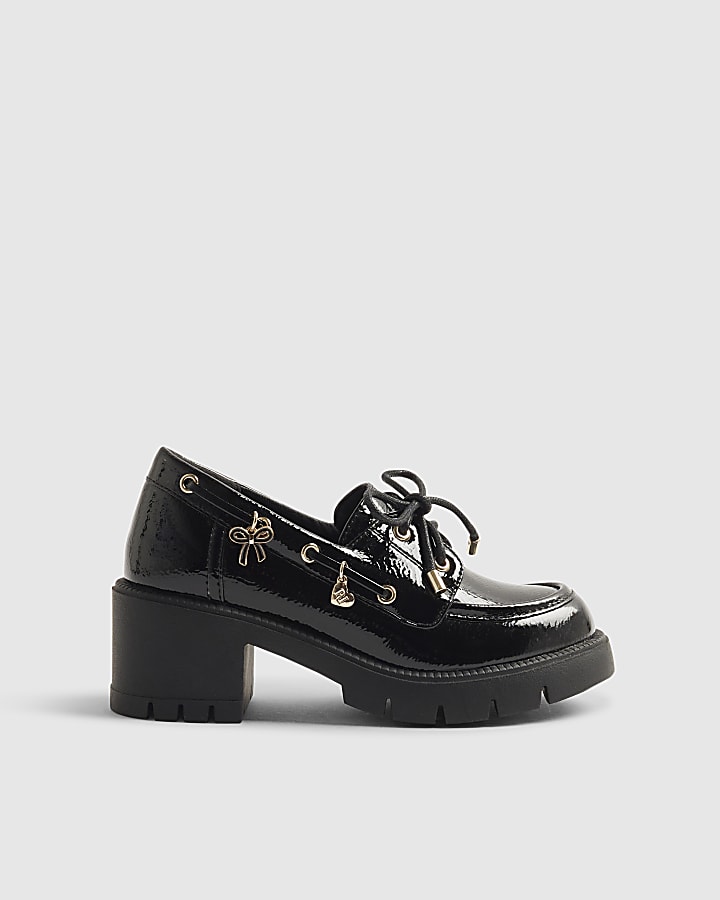 Girls Black Patent Lace Up Heeled Boat Shoes