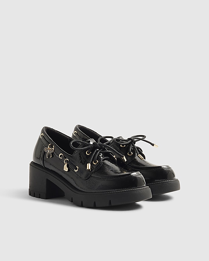 Girls Black Patent Lace Up Heeled Boat Shoes