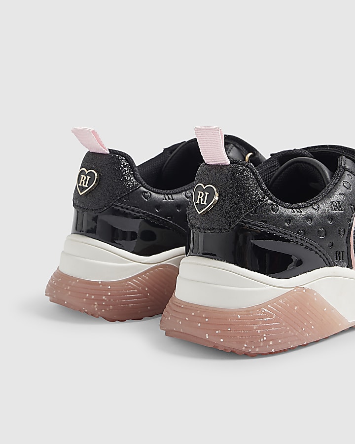 Girls Black Mixed Monogram Bow Trainers