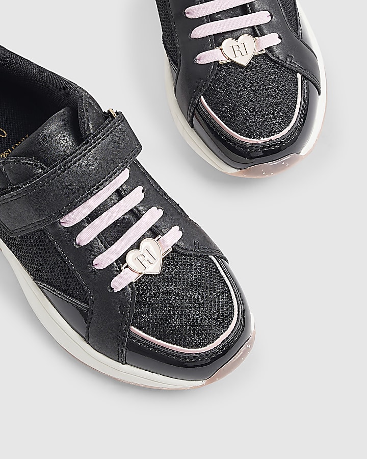 Girls Black Mixed Monogram Bow Trainers